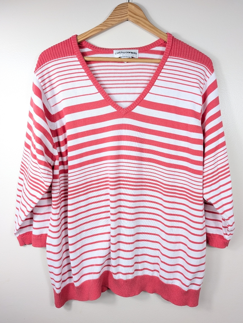 Cathy Daniels Women's Vneck Coral Pink White Striped Sweater Top 2X Coastal